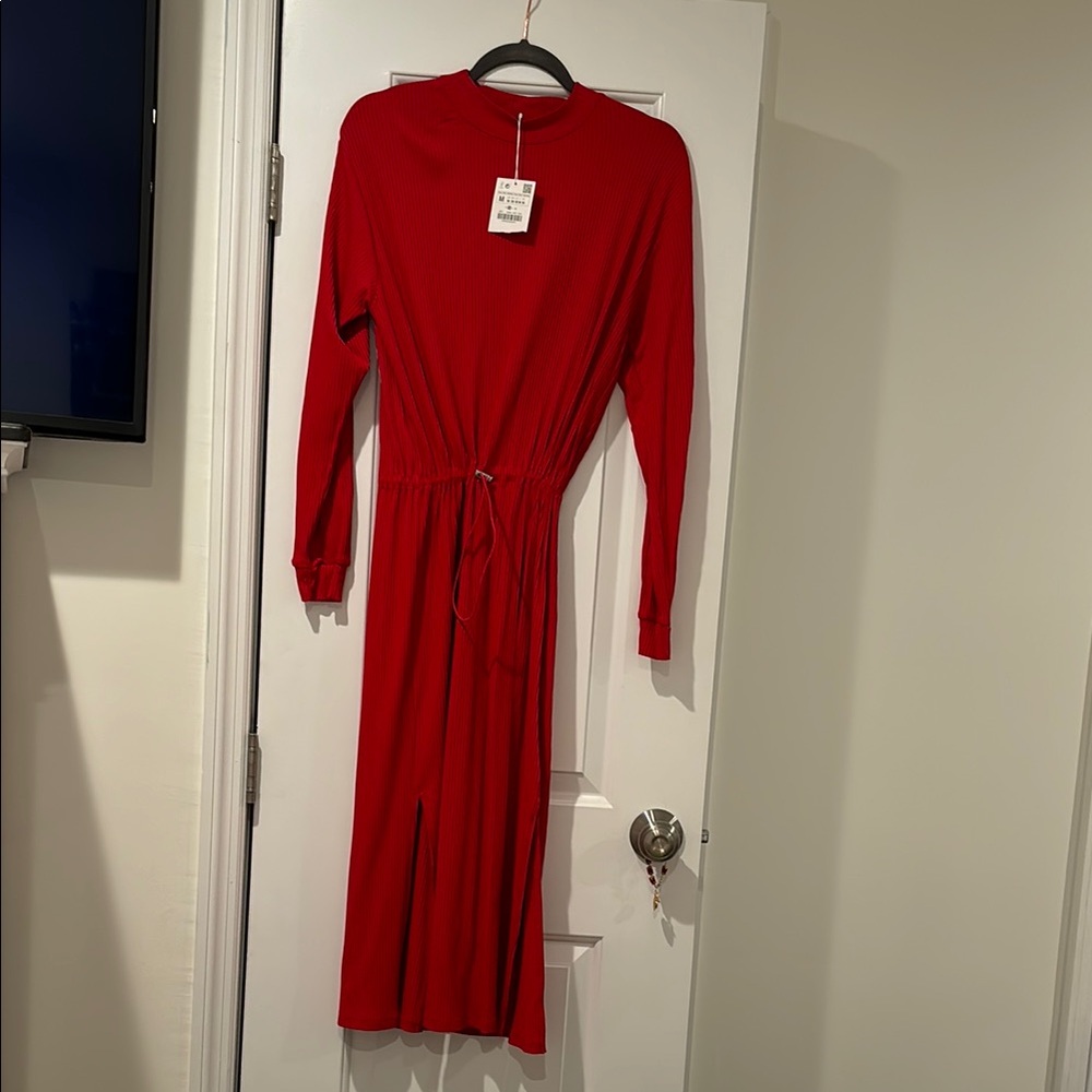 Red Long Sleeve Midi Dress